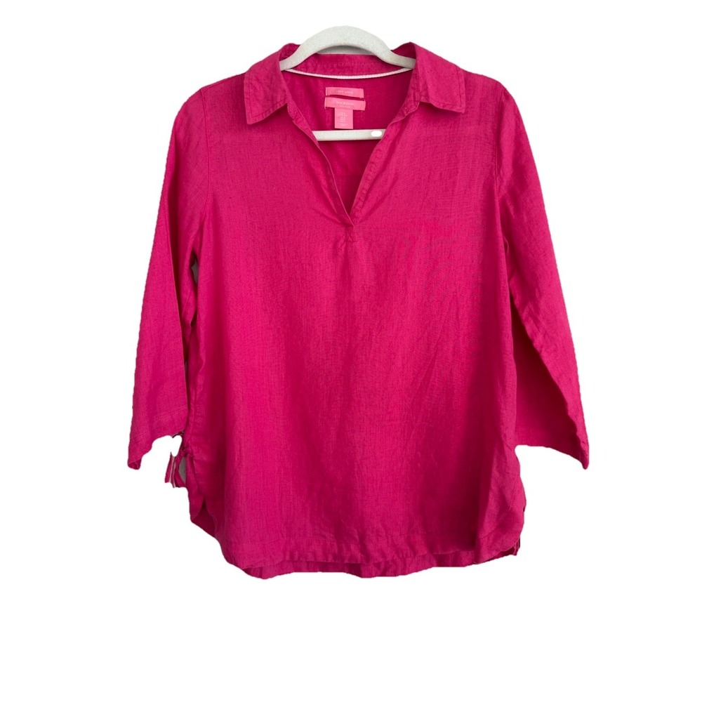 Isaac Mizrahi New York Hot Pink 100% Linen Loose 3/4 Sleeve Side Tie Women's‎ S
